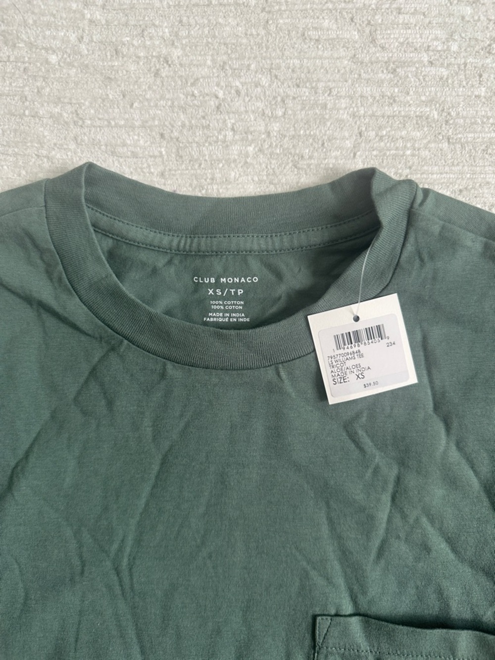 Club Monaco Men's Long Sleeve Pocket Tee - Aloe Green NWT - Picture 2 of 3